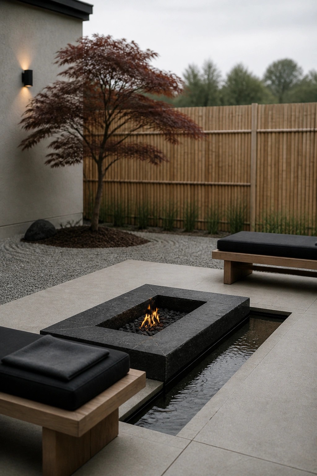 A rectangular dark stone fire pit with active flames sits beside a narrow water channel on a paved patio, flanked by two wooden benches with black cushions.