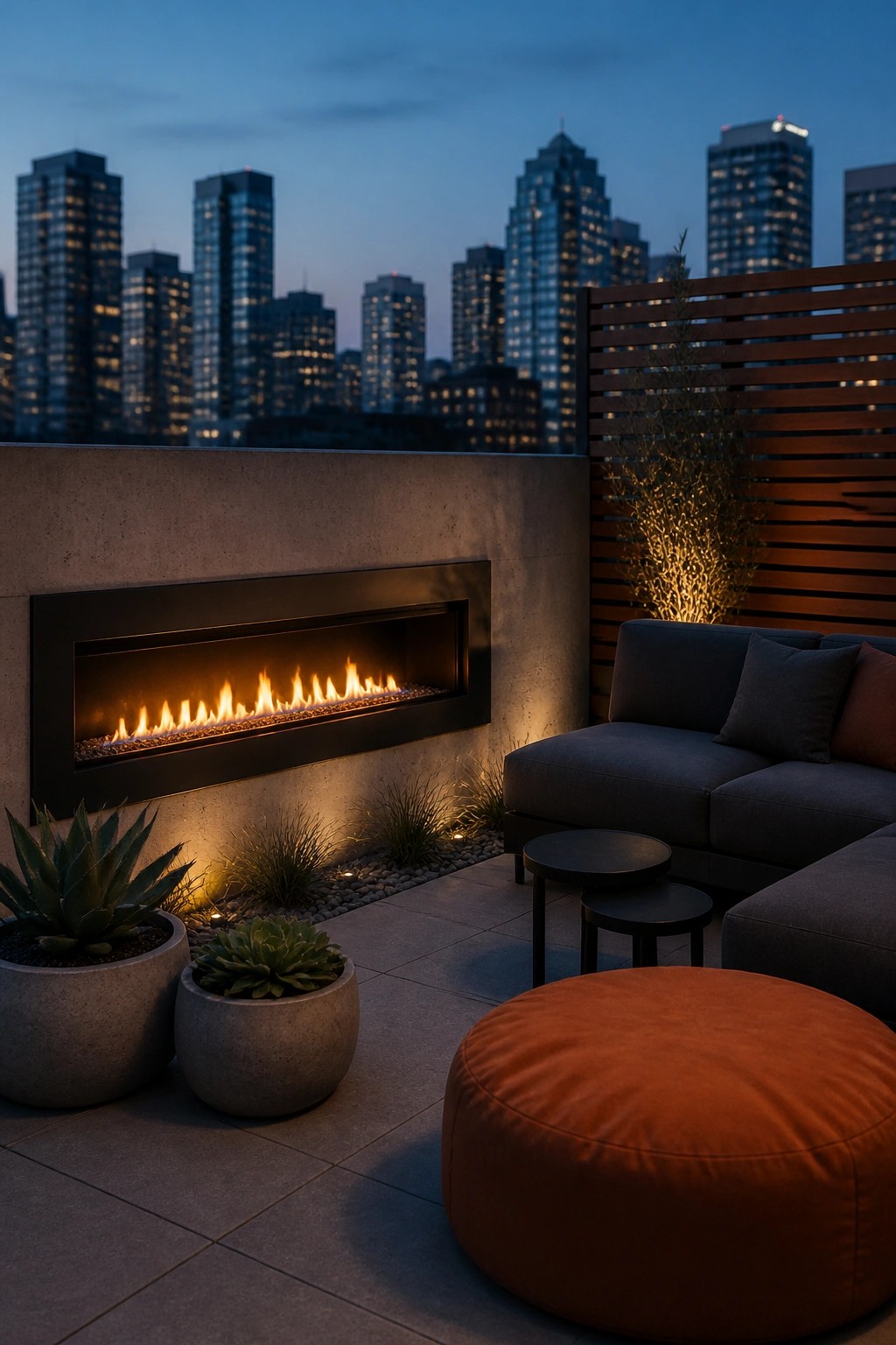 A modern linear gas fireplace recessed into a concrete wall on a rooftop terrace with dark outdoor sectional seating, a round orange ottoman, potted succulents, and a city skyline at dusk.