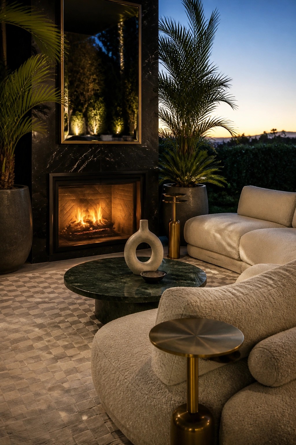 An outdoor patio at dusk with a black marble fireplace, beige sectional seating, a round green marble coffee table, and large potted plants.