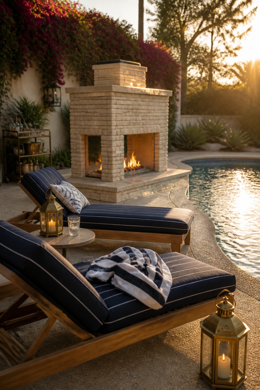 Navy striped lounge chairs with lanterns beside a stone fireplace by the pool