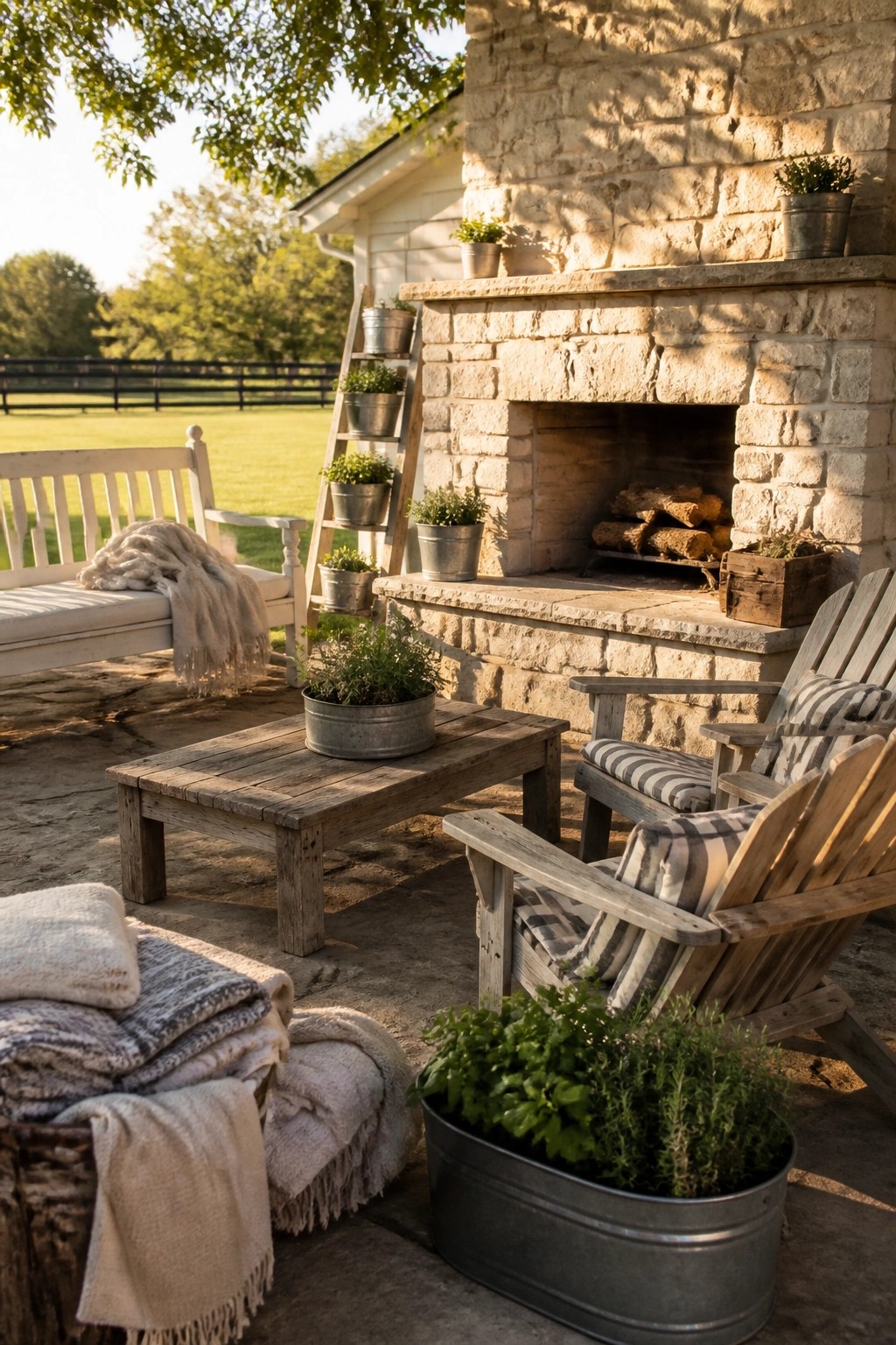 A stone outdoor fireplace with stacked logs inside sits on a patio beside wooden Adirondack chairs, a rustic table, and several potted plants.