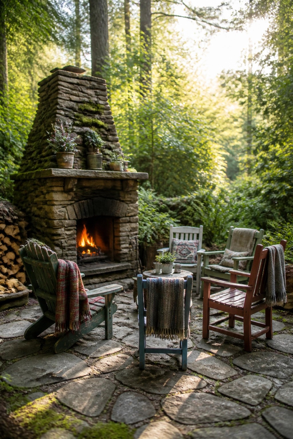 A mossy stone fireplace with a lit fire sits on a flagstone patio surrounded by wooden chairs in a forest setting.
