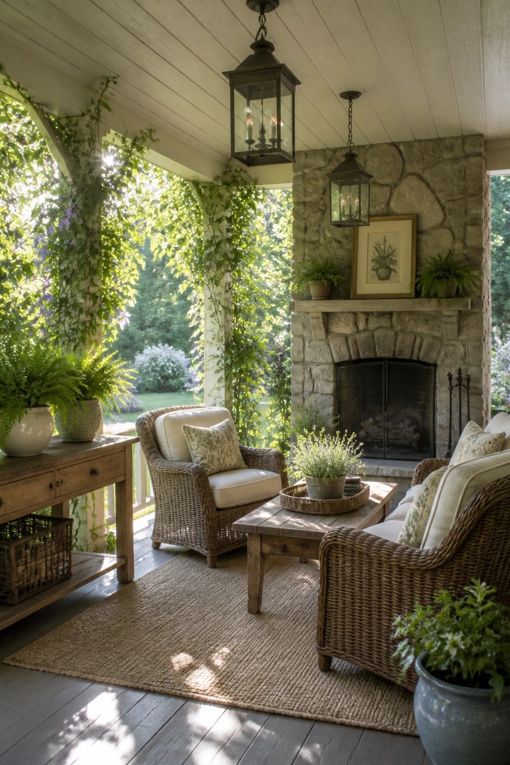 A covered porch with a large stone fireplace, wicker seating, a wooden coffee table, and potted plants arranged on a woven rug.