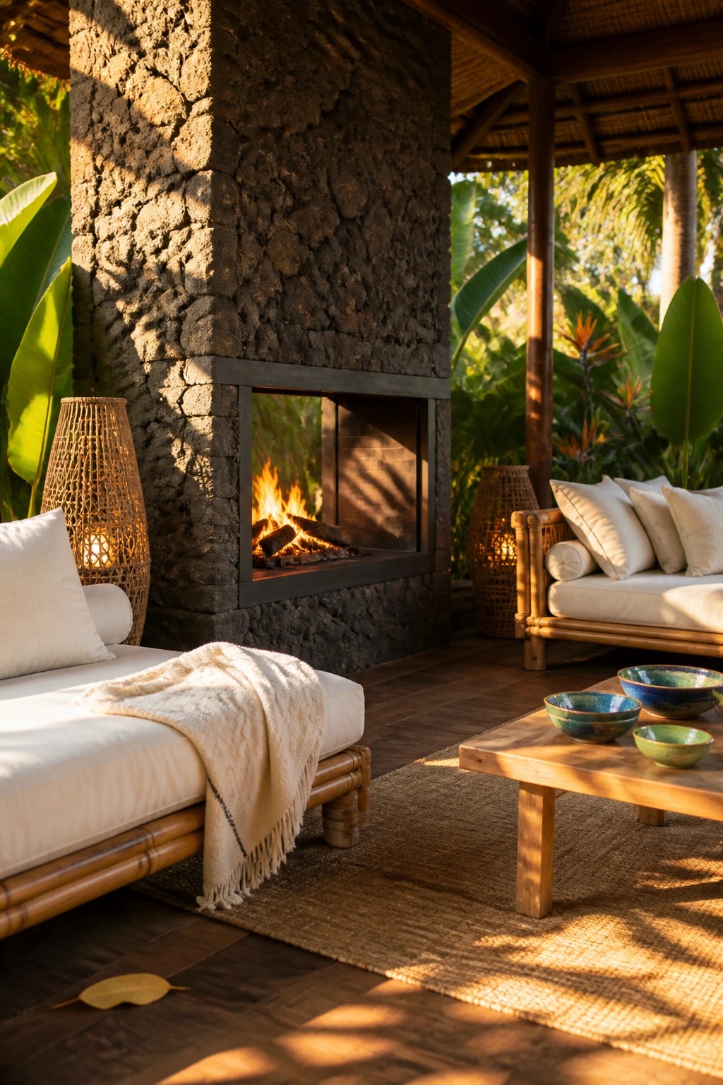 A large dark stone fireplace with a lit fire anchors a bamboo-framed seating area on a covered outdoor patio with tropical plants nearby.