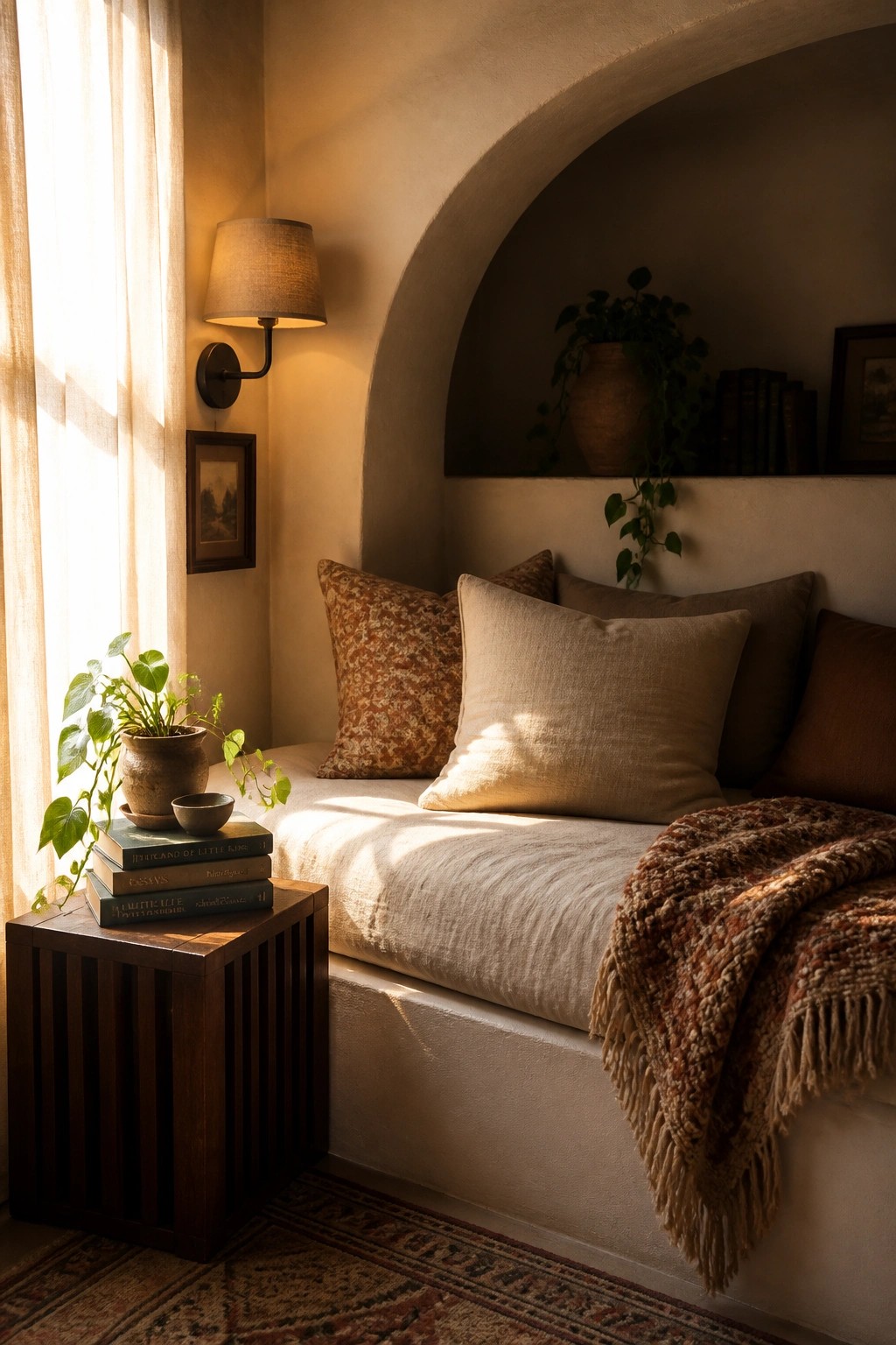 A built-in bench with neutral cushions and a woven throw fills a corner beneath an arched niche, next to a window with a potted plant and stacked books on a wooden stool.