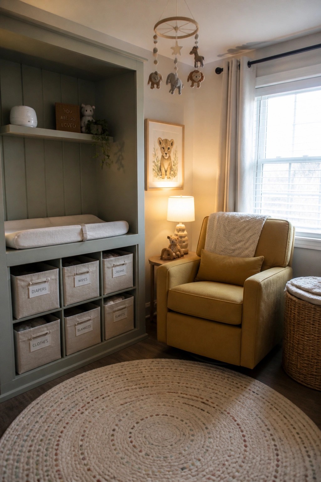 A nursery corner featuring a sage green built-in storage unit with labeled fabric bins, a changing pad on top, a yellow armchair, and a window with white curtains.