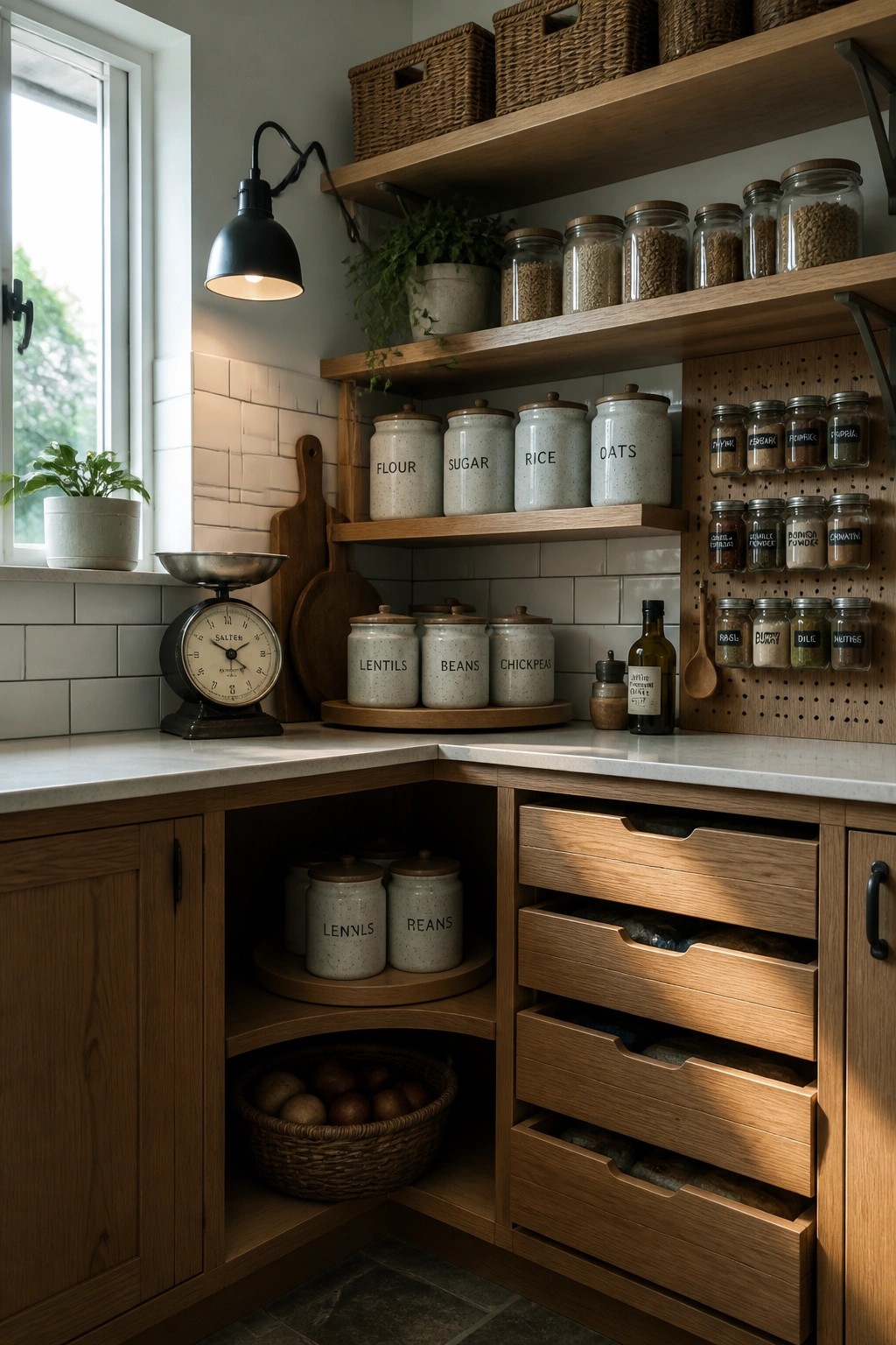 A kitchen corner featuring wooden open shelves with labeled ceramic jars, glass containers, a pegboard holding spice jars, and lower pull-out drawers next to a window.
