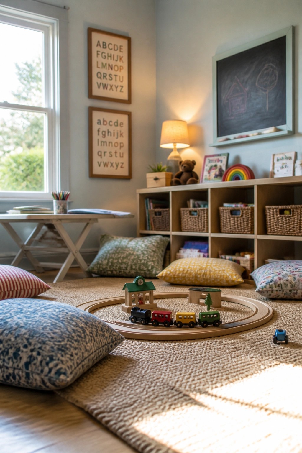 Cozy playroom with wooden train set, colorful pillows, alphabet posters, and chalkboard.