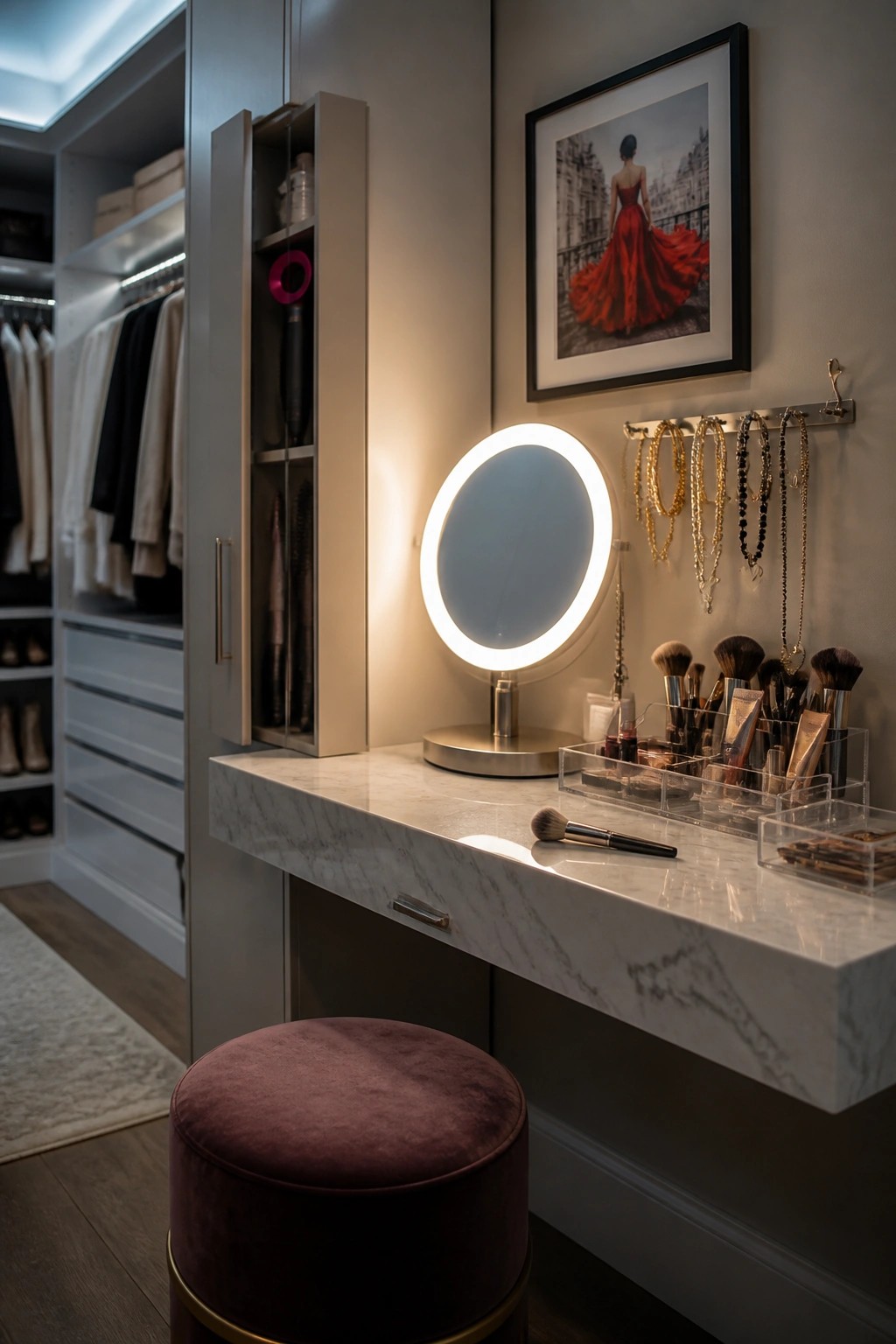 A corner vanity area featuring a round illuminated mirror on a white marble floating countertop, with acrylic organizers holding makeup brushes and a jewelry rack on the wall beside a closet with hanging clothes.