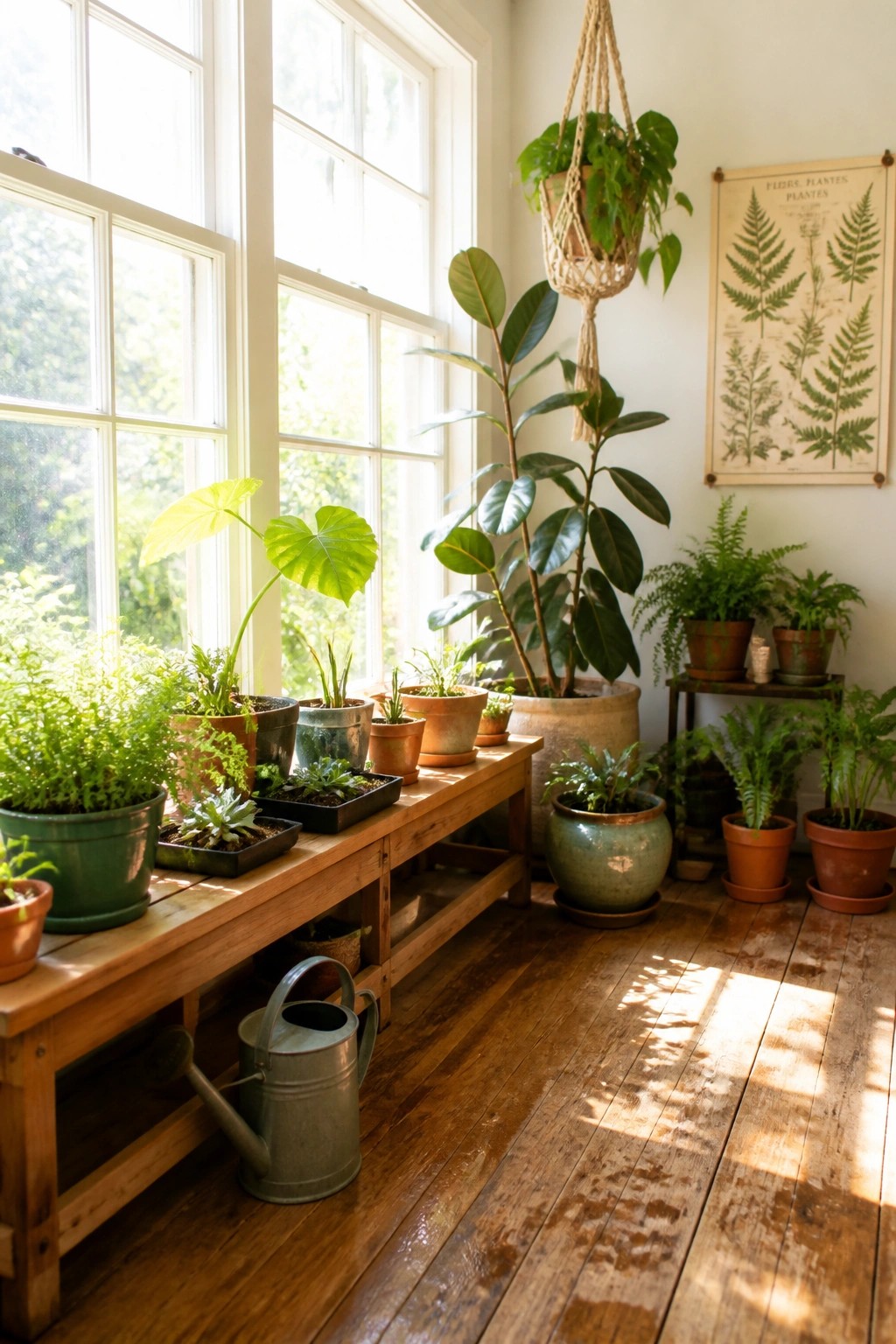 A long wooden bench holding multiple potted plants sits beneath large windows in a bright room, with a metal watering can on the floor below.