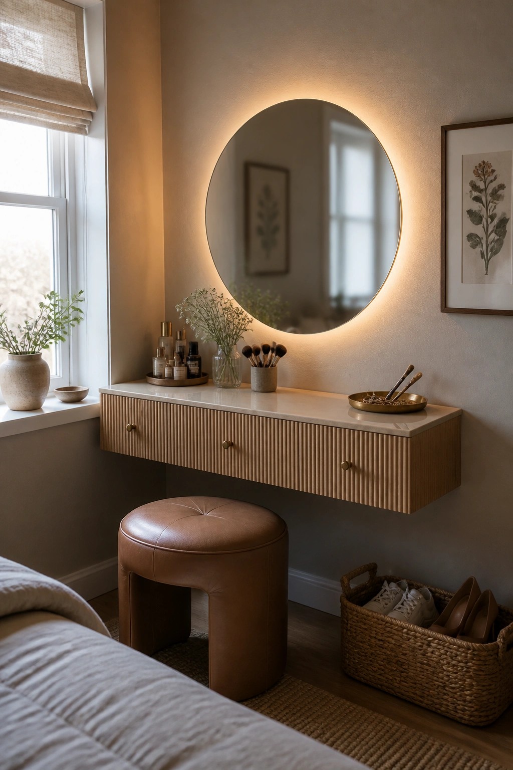 A corner vanity with a floating wood desk, round backlit mirror, brown leather stool, and woven basket underneath.