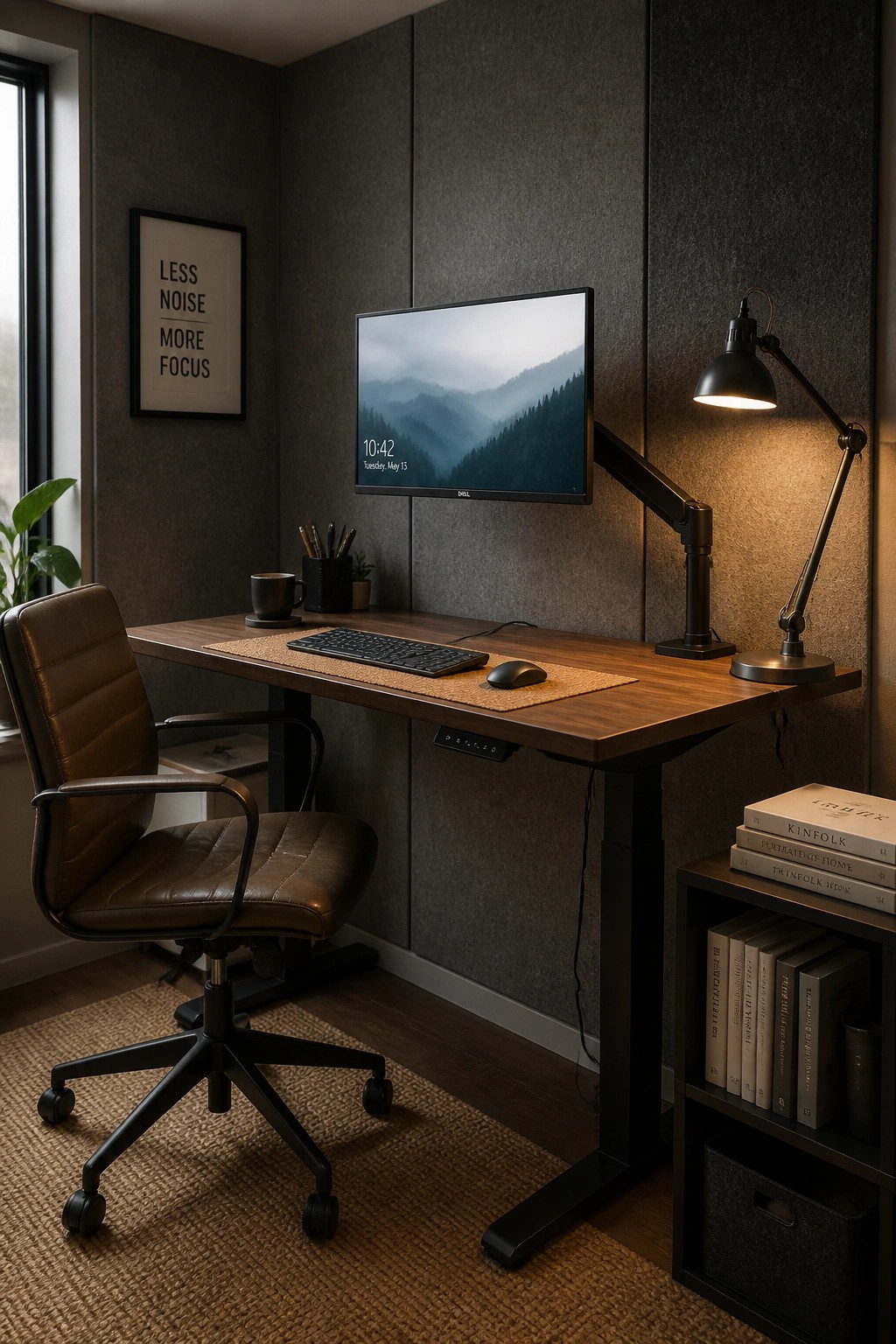 A home office corner with a wooden desk, computer monitor, office chair, and bookshelves against dark walls.