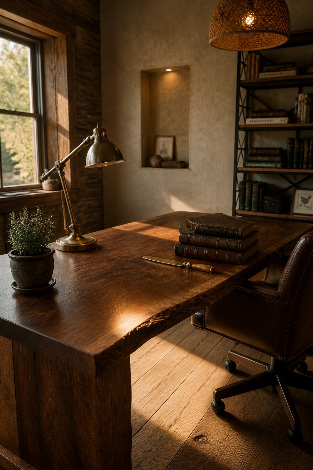 A wooden desk with a live edge holds stacked books and a brass lamp beside a potted plant, with a leather office chair pulled up in front of a bookshelf.