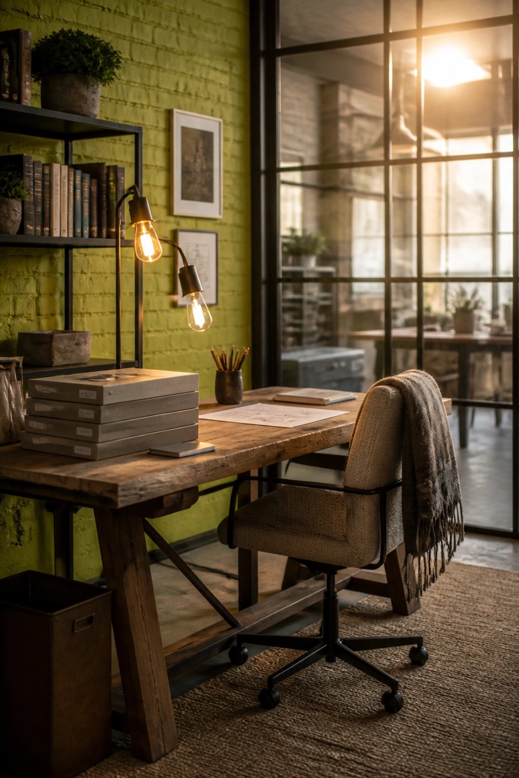 A wooden desk with stacked boxes and papers sits in front of a green brick wall, accompanied by a rolling upholstered chair with a throw blanket and two lit industrial lamps.