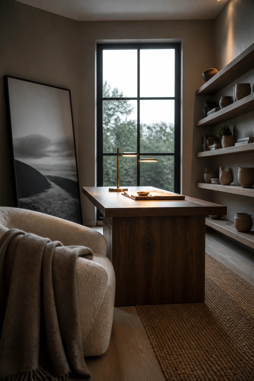 A home office with a dark wooden desk positioned in front of a large window, floating wooden shelves holding ceramic vases on the right wall, and a framed black and white landscape print leaning against the left wall.