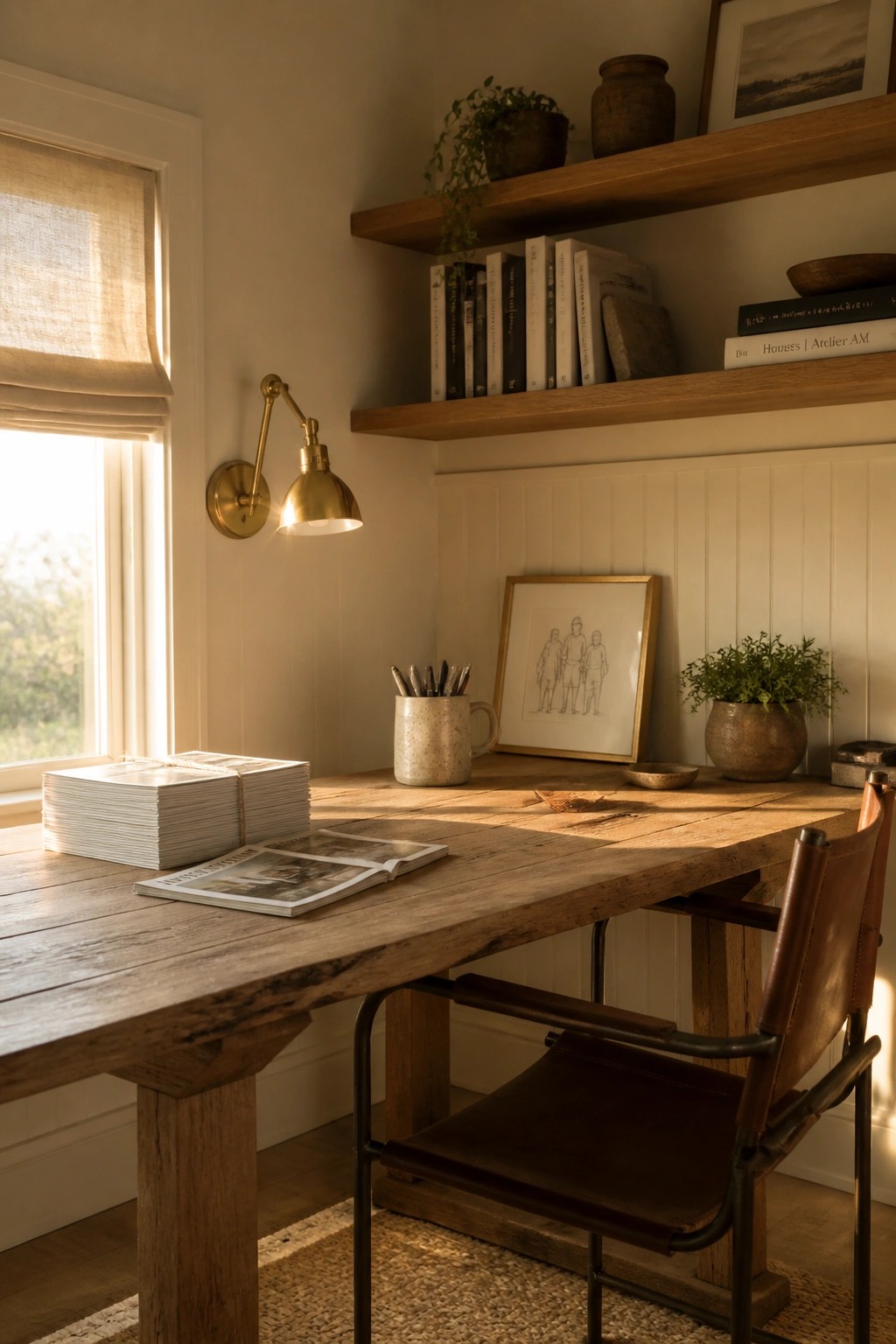 A wooden desk with an open book sits in front of a window beside a leather chair, with floating shelves holding books and plants above and a brass wall lamp nearby.
