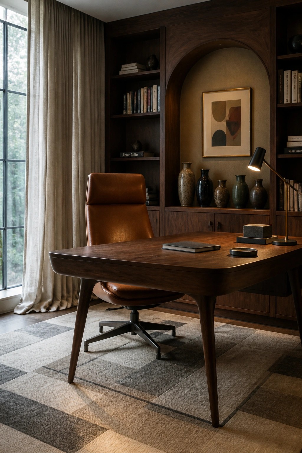 Wooden desk and brown leather chair in a dark wood study with bookshelves