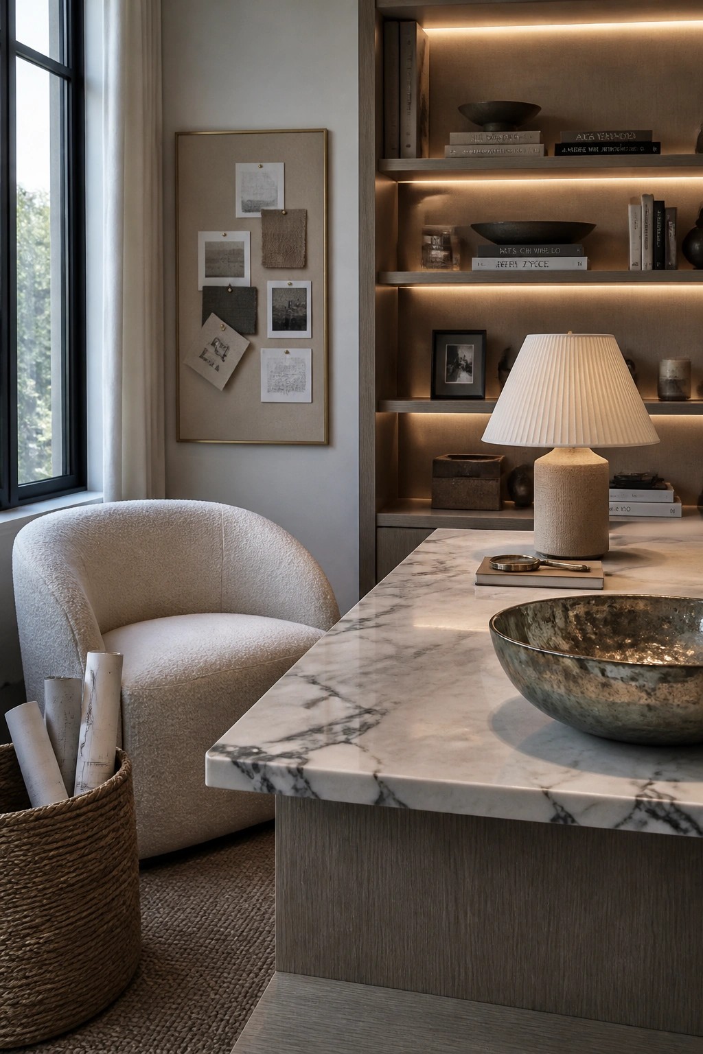 A home office corner with a marble desk, a white boucle chair, and built-in wooden shelves illuminated by warm LED strips holding books, bowls, and small framed items.