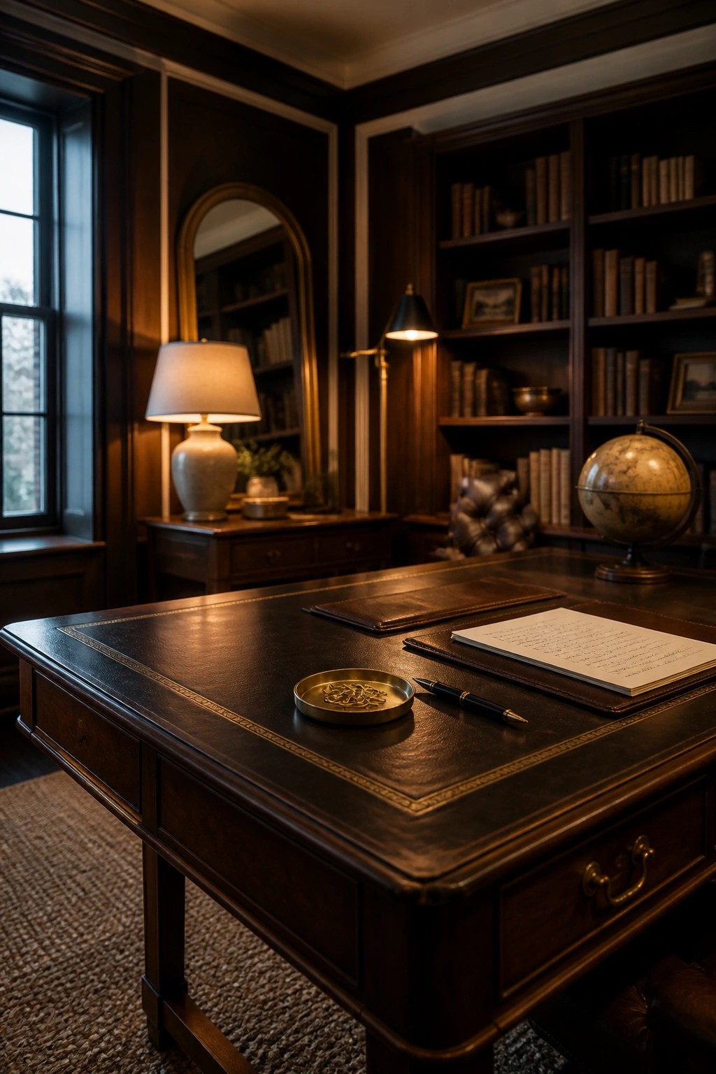A dark wood desk with leather top holds an open notebook, fountain pen, and brass dish in a wood-paneled home office with bookshelves and a globe.