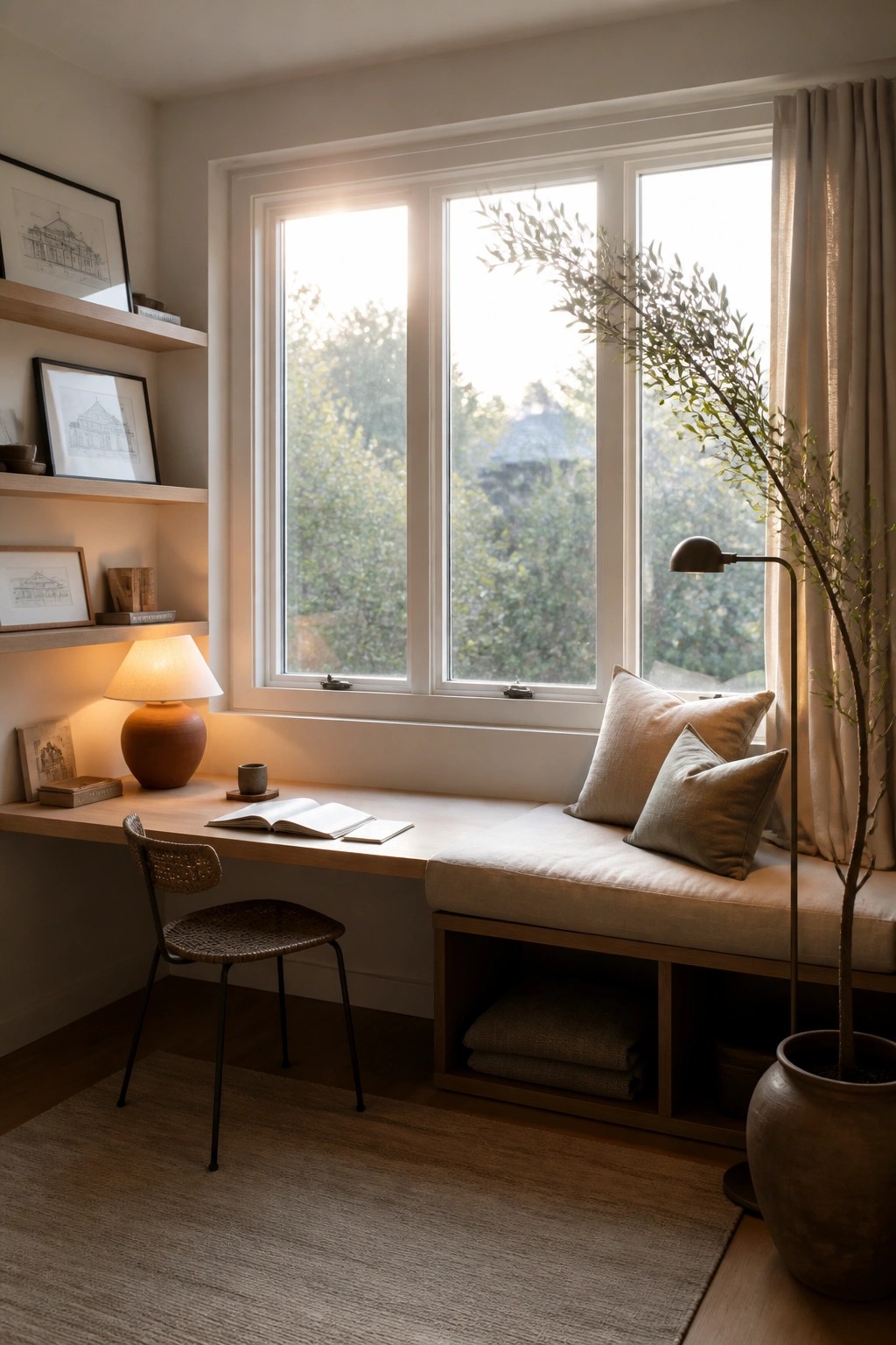 A home office featuring a light wood desk against a large multi-pane window with an adjacent built-in bench topped with neutral cushions, a woven chair, and wall shelves holding framed art and a lamp.