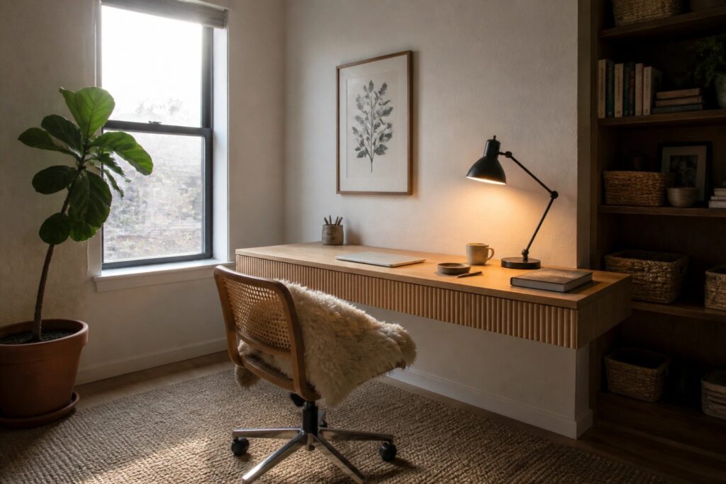 24 Elegant Office Styling Ideas in Wood and Warm Neutrals A home office with a floating wooden desk, black adjustable lamp, woven office chair with sheepskin throw, built-in bookshelves, framed art on the wall, and a large window with a potted plant.