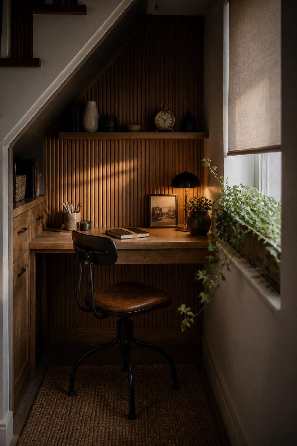 A wooden desk with a black and brown chair sits under a staircase in a small office nook with vertical wood paneling and a window on the right.