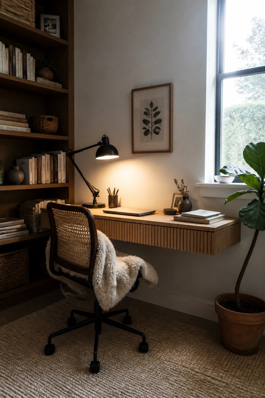 A home office with a floating wooden desk, black adjustable lamp, woven office chair with sheepskin throw, built-in bookshelves, framed art on the wall, and a large window with a potted plant.