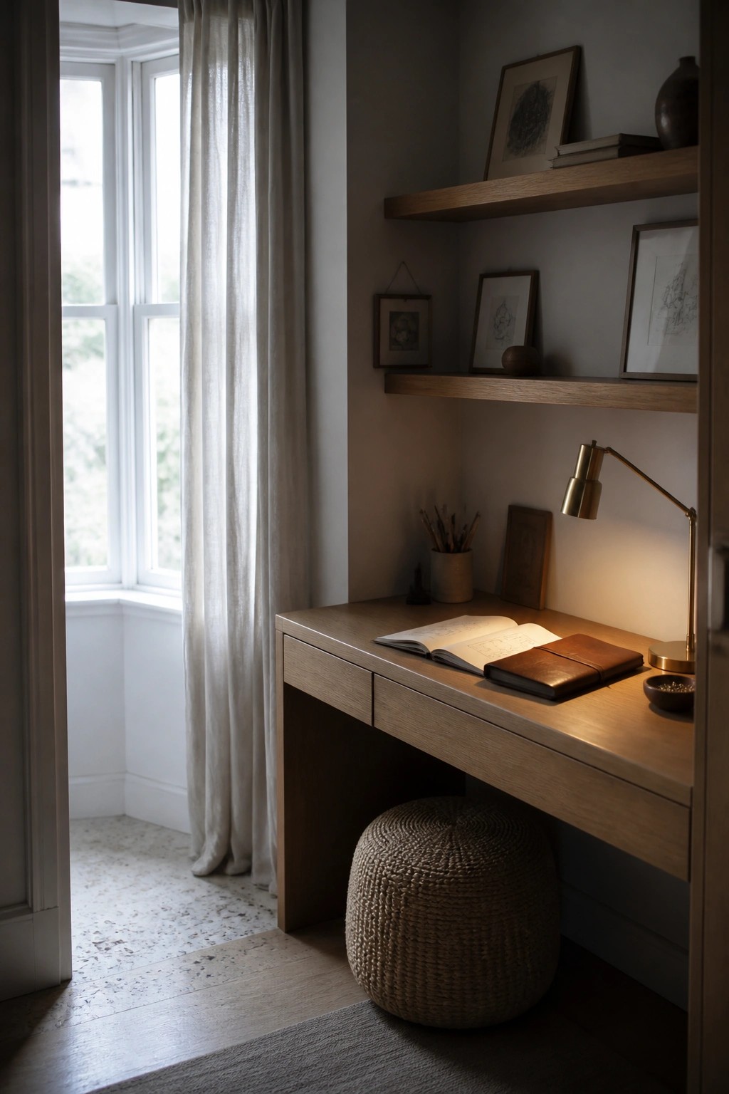 A light wood desk with two floating oak shelves above it in a neutral room, showing an open notebook, brass lamp, and woven stool on the floor.