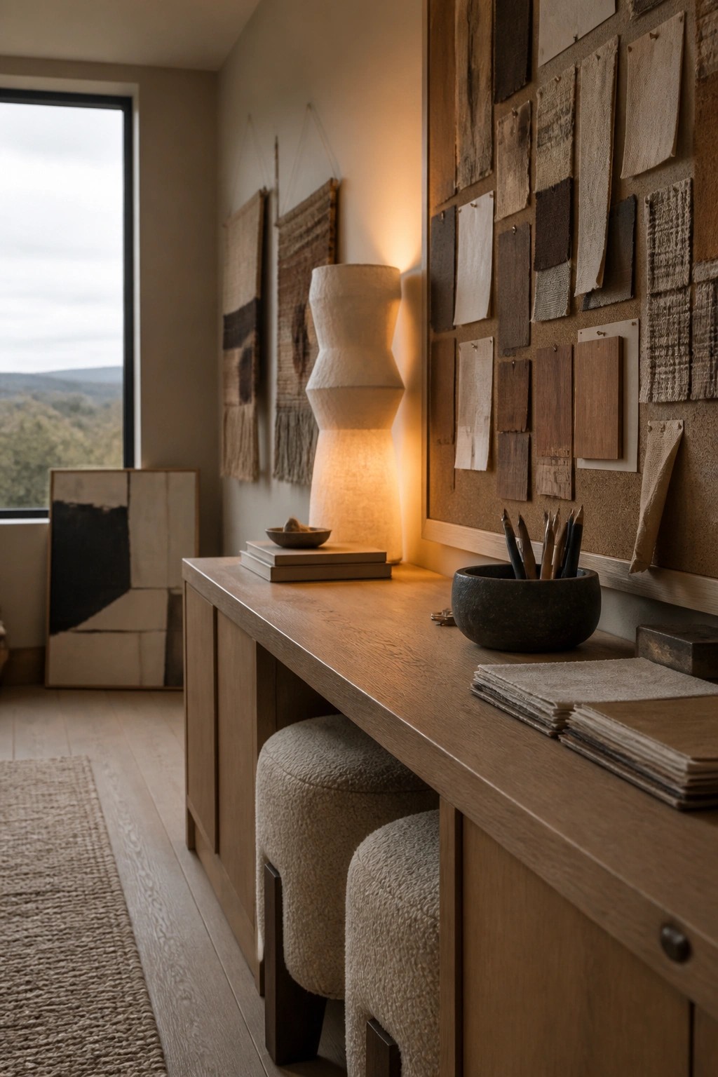 Wooden desk with glowing lamp, fabric swatches on wall, woven hangings, and stools
