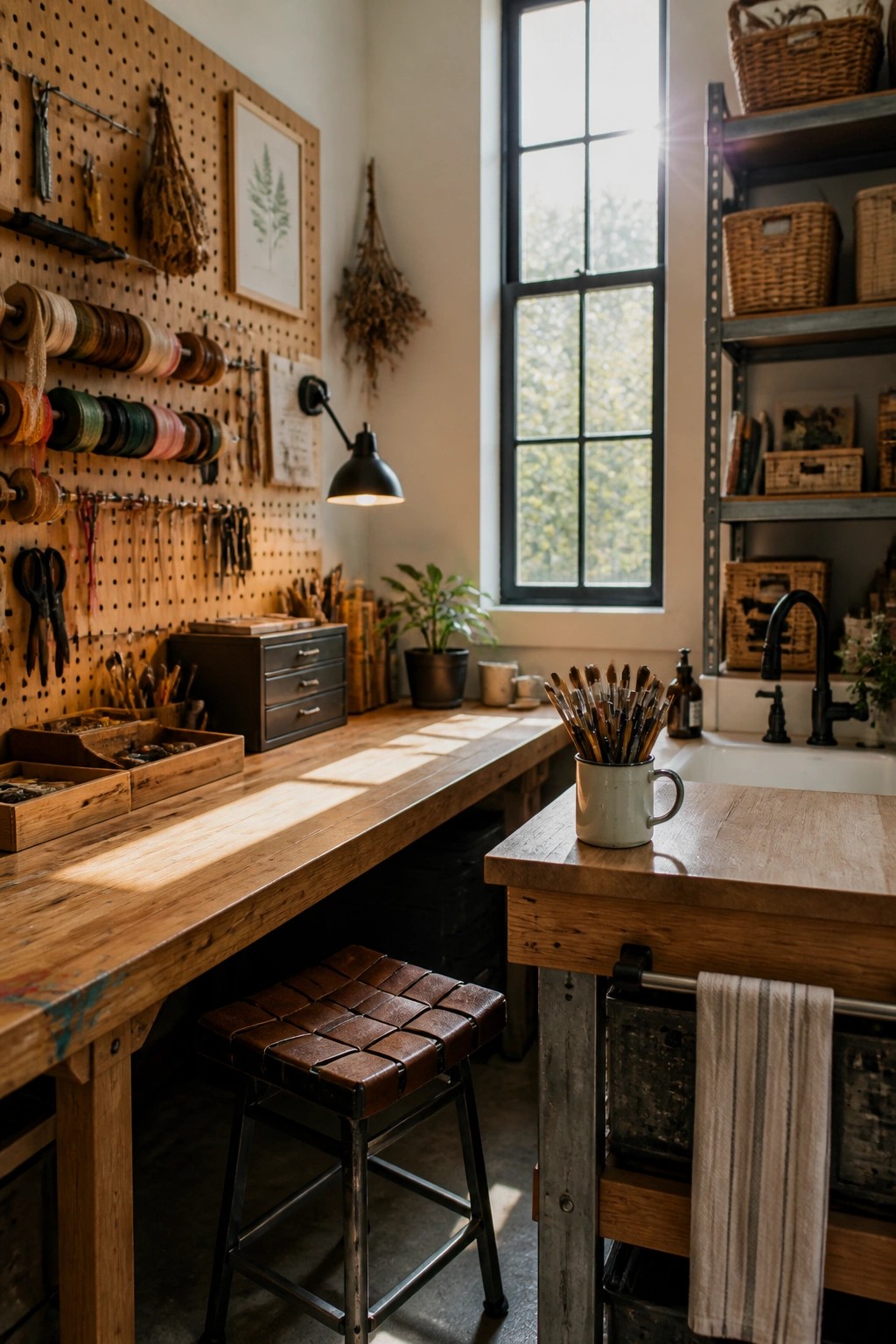 A wooden desk with a pegboard wall holding tools, spools, and supplies, plus a brown leather stool and a window letting in daylight.
