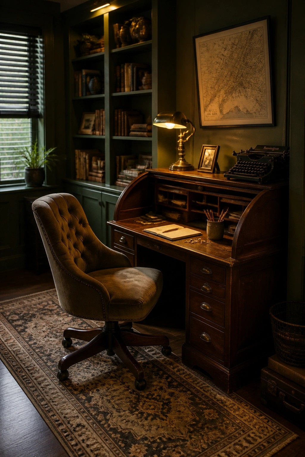 A wooden roll top desk with open surface and drawers sits in a room with green walls, bookshelves, a tufted swivel chair, and a patterned rug.