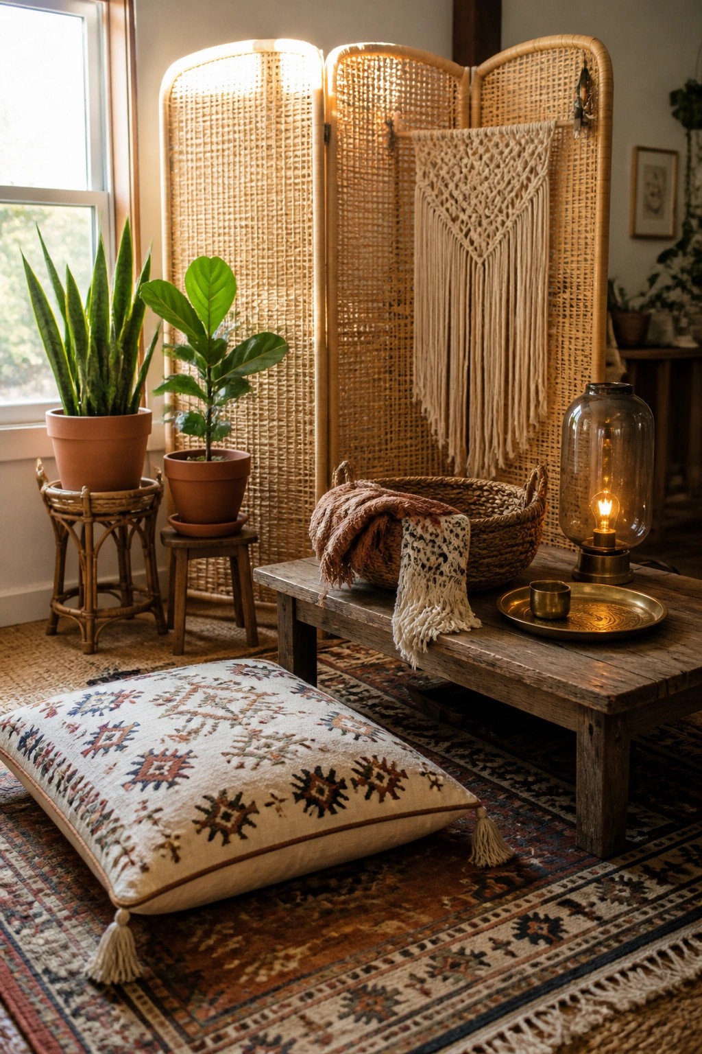 An indoor corner with a woven folding screen, potted plants on wooden stands, a low wooden bench holding a basket and lit lamp, and a large patterned floor pillow on layered rugs.