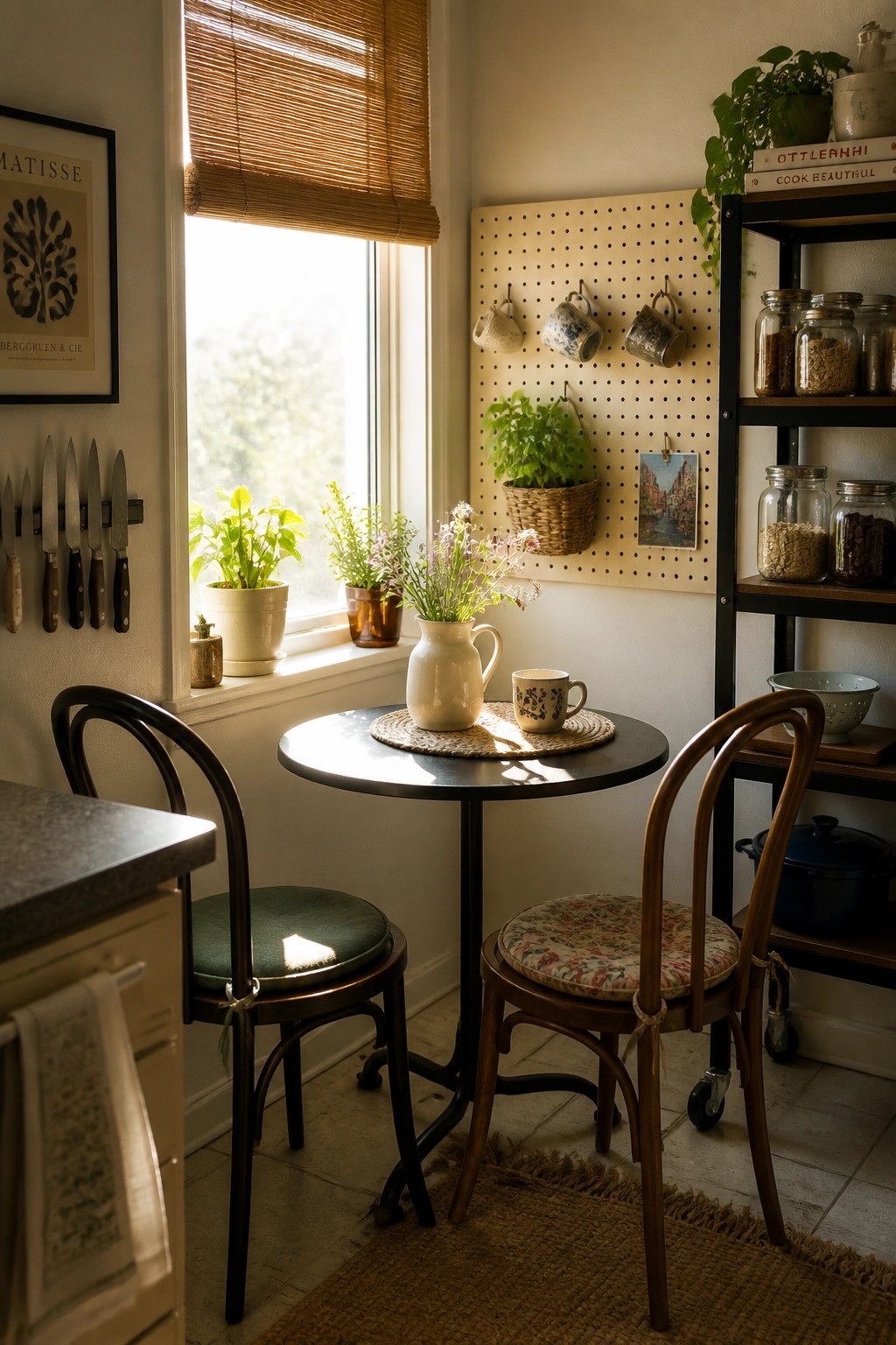 A round table with two chairs sits in a kitchen corner next to a window, with a pegboard on the wall holding hanging mugs, a basket of plants, and a small picture.