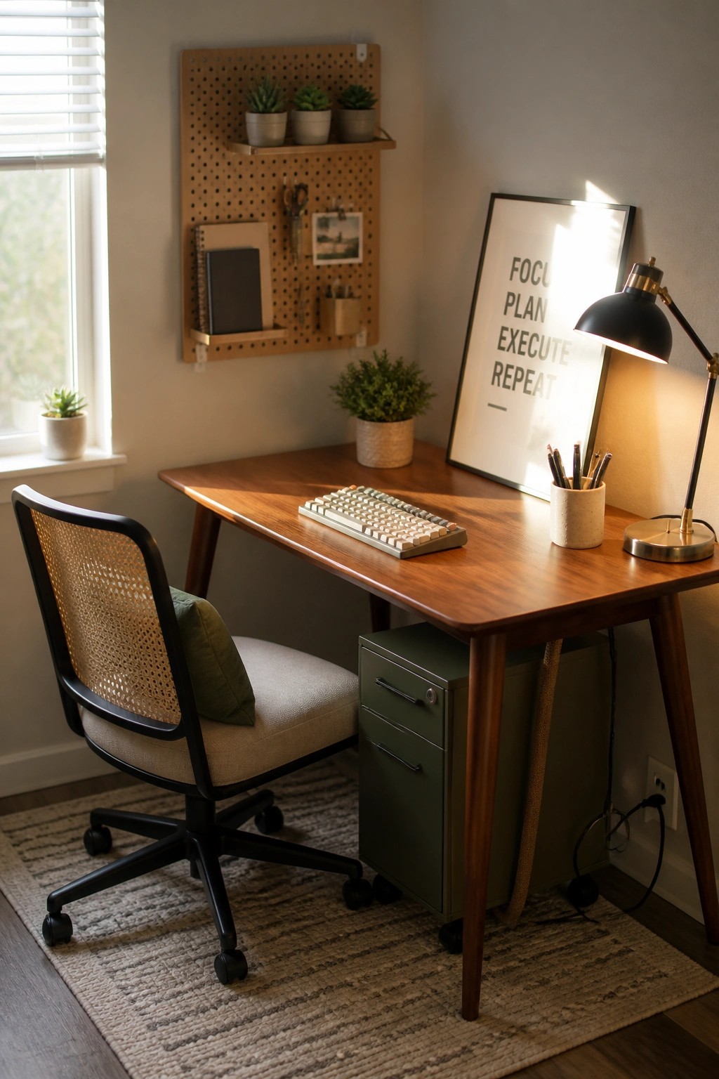 A corner workspace with a wooden desk, green filing cabinet underneath, office chair with cane back, and a pegboard on the wall holding small potted plants, scissors, and supplies.