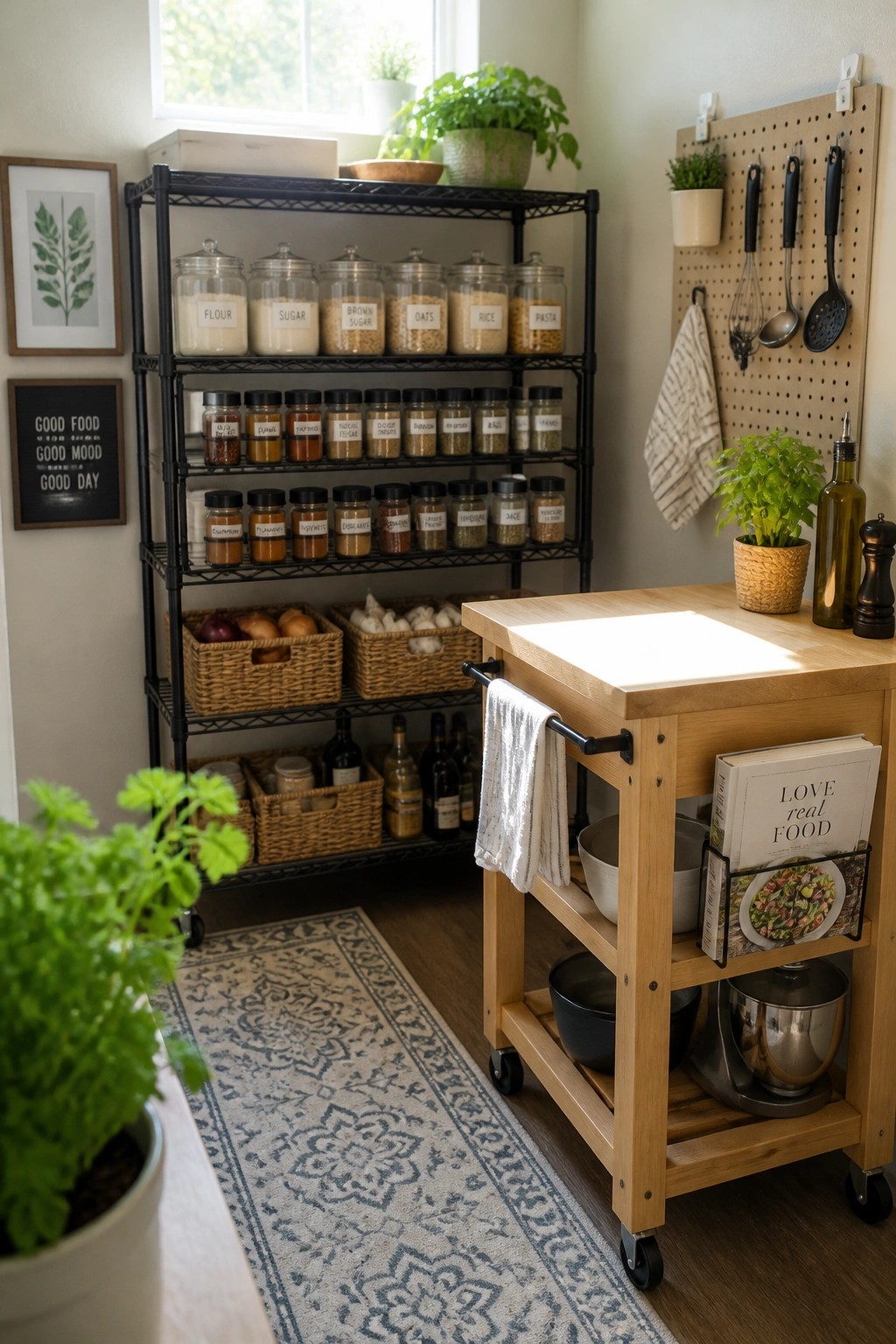 A kitchen corner with a light wood rolling cart positioned beside black metal shelving units holding jars, baskets, and kitchen items.