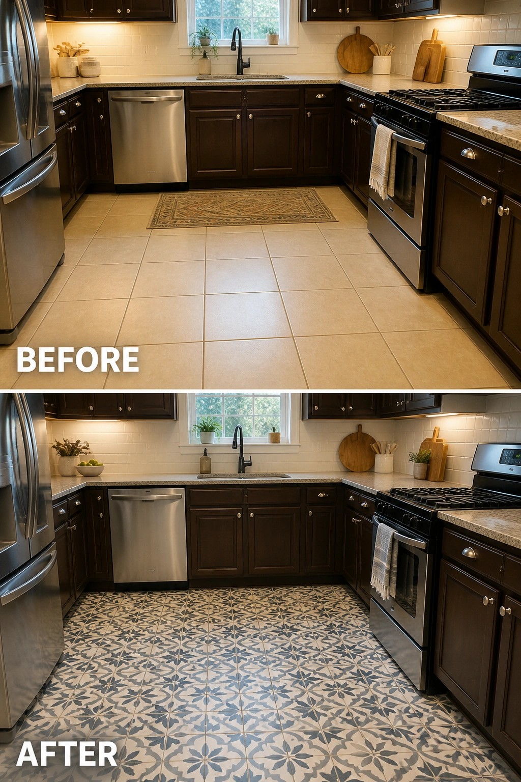 Before and after kitchen with plain beige floor tiles replaced by blue patterned design