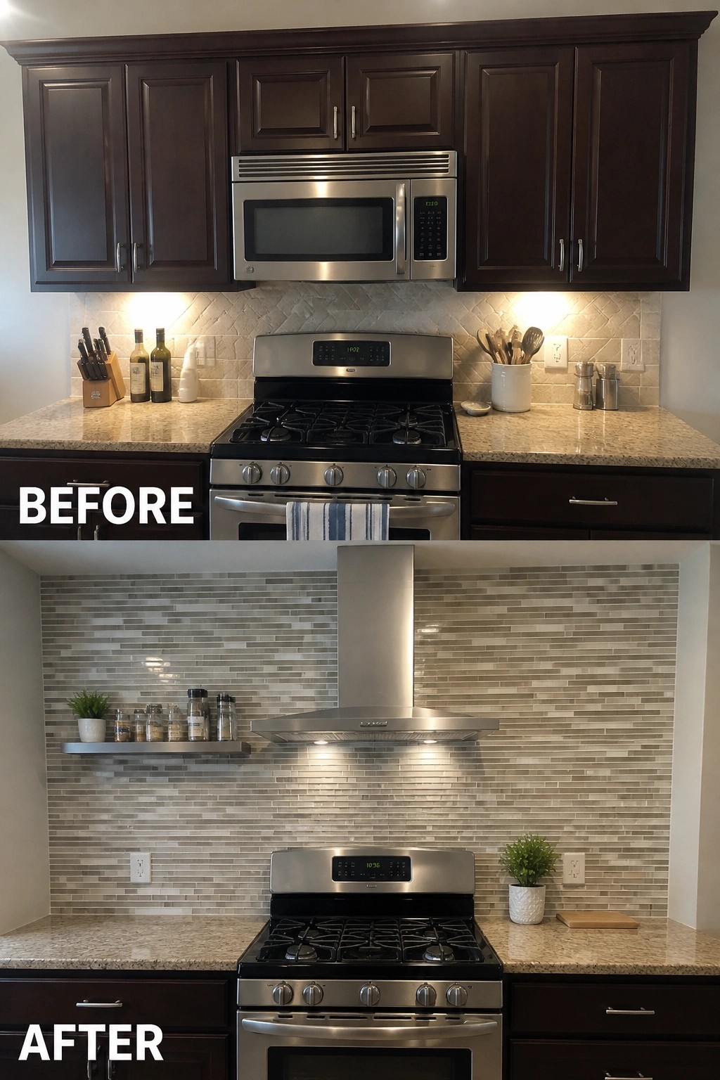 Before and after kitchen with dark cabinets, stove, new backsplash and range hood