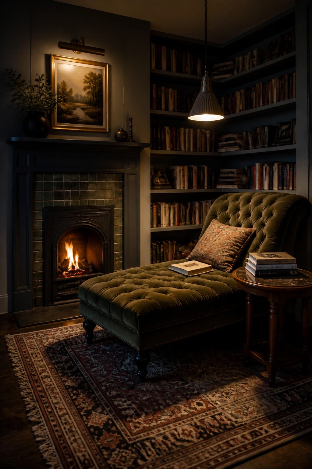 A green velvet chaise lounge with a patterned pillow sits in front of a lit fireplace, with built-in bookshelves along the right wall and a painting above the mantel.