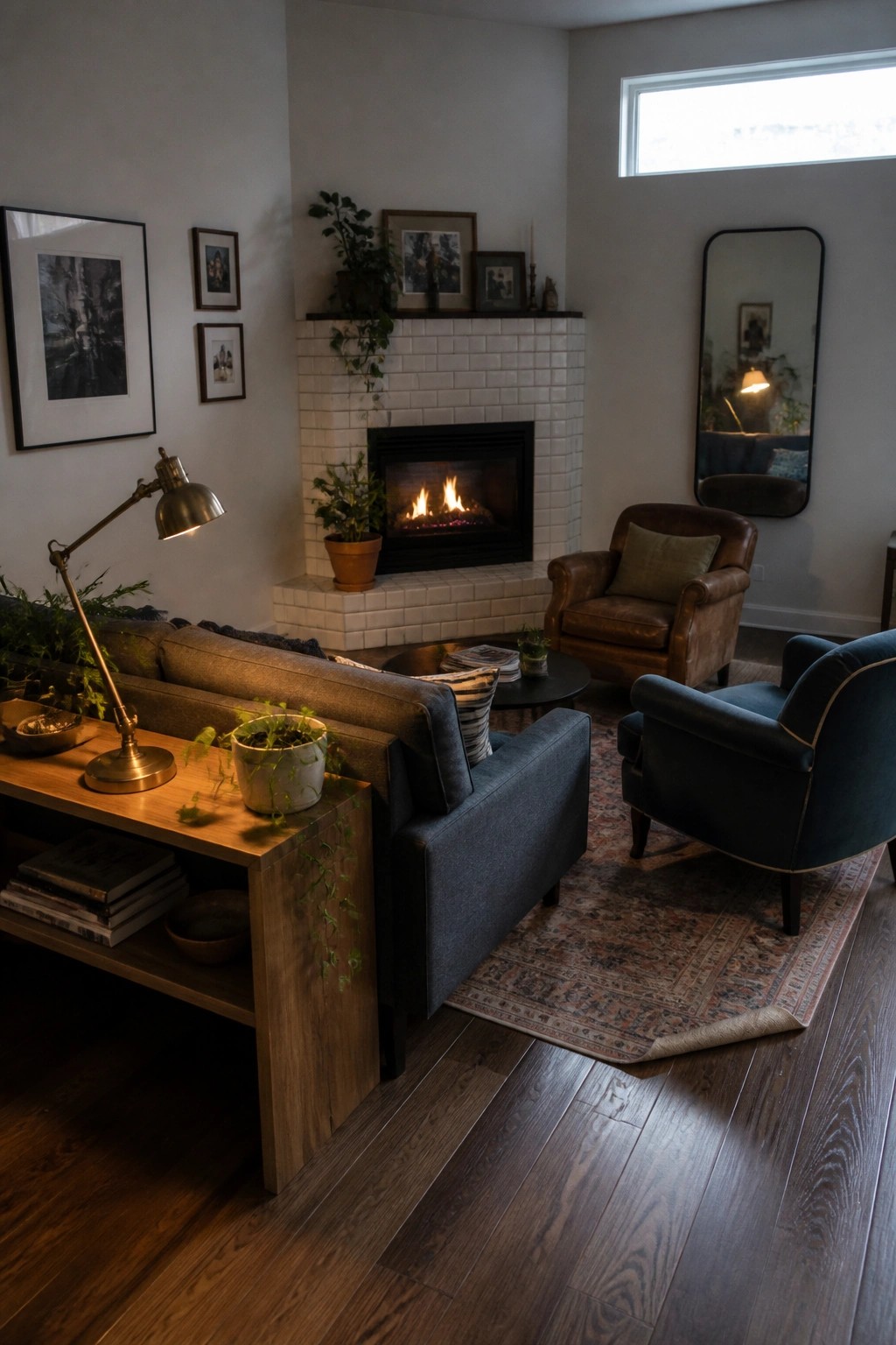 A living room with a white brick fireplace, a gray sofa, a blue armchair, a brown leather chair, and a wooden coffee table arranged on a patterned rug.