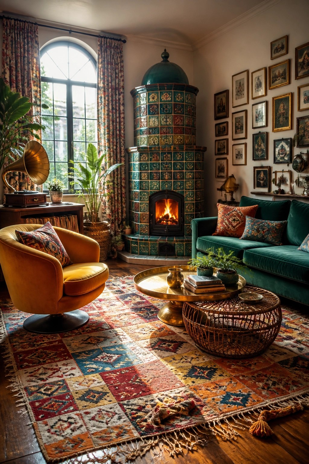 A living room featuring a large colorful tiled fireplace with a burning fire, a green velvet sofa with patterned pillows, a mustard yellow armchair, a brass coffee table, and a multicolored patchwork rug on hardwood floors.