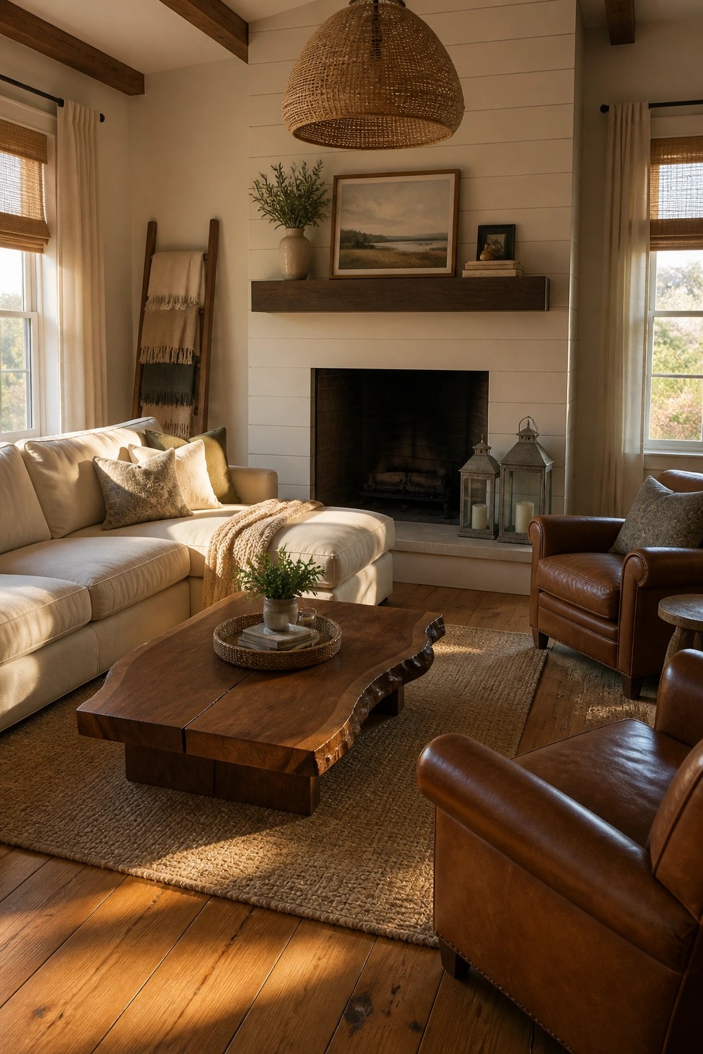 A living room with a white sectional sofa, brown leather armchairs, a live-edge wood coffee table on a woven rug, and a fireplace with a wooden mantel.