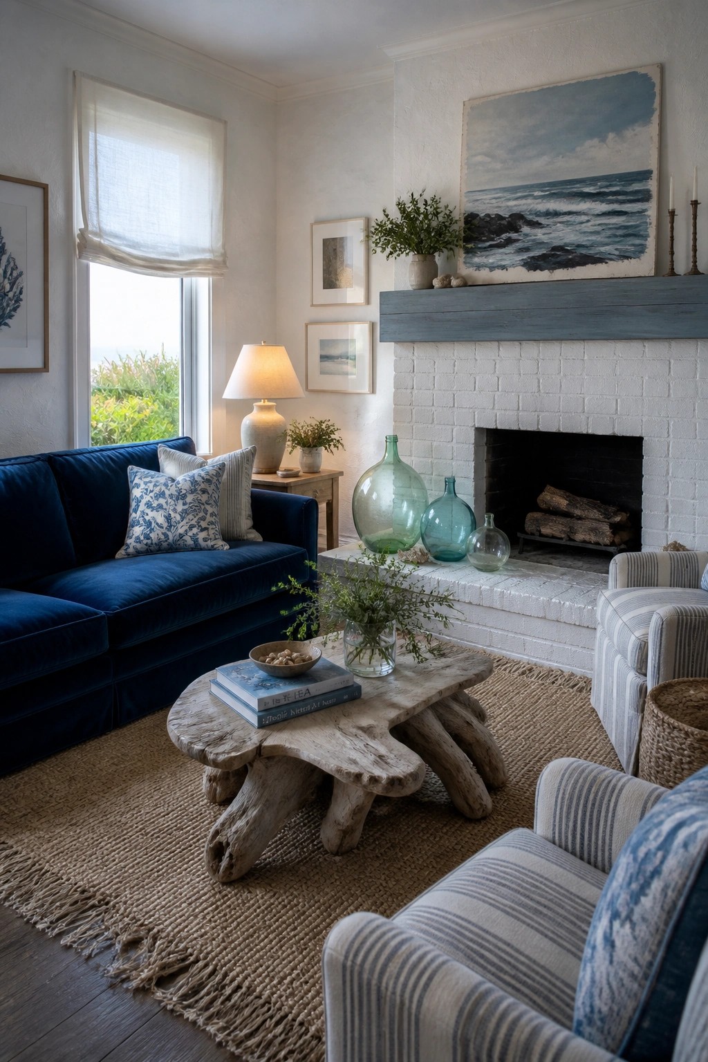 Living room with white brick fireplace, blue velvet sofa, striped armchairs, rustic wood coffee table, and jute rug.