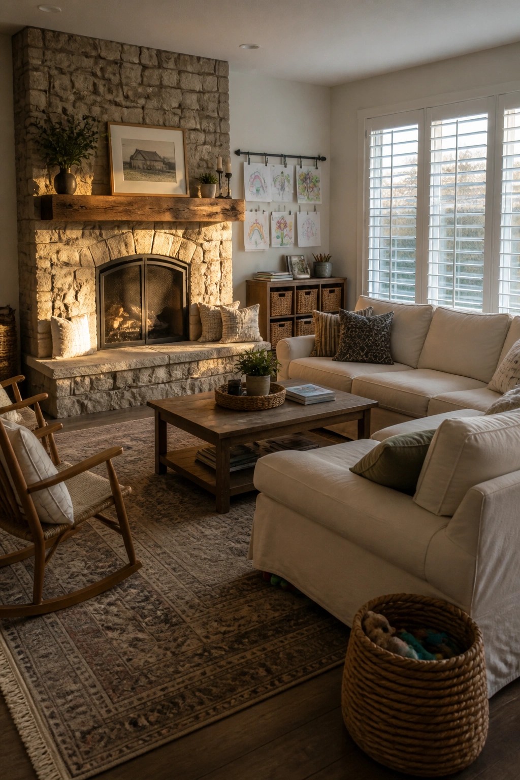 A living room featuring a large stone fireplace with a wide hearth holding cushions, a wooden mantel, and comfortable sofas arranged around a coffee table on a patterned rug.