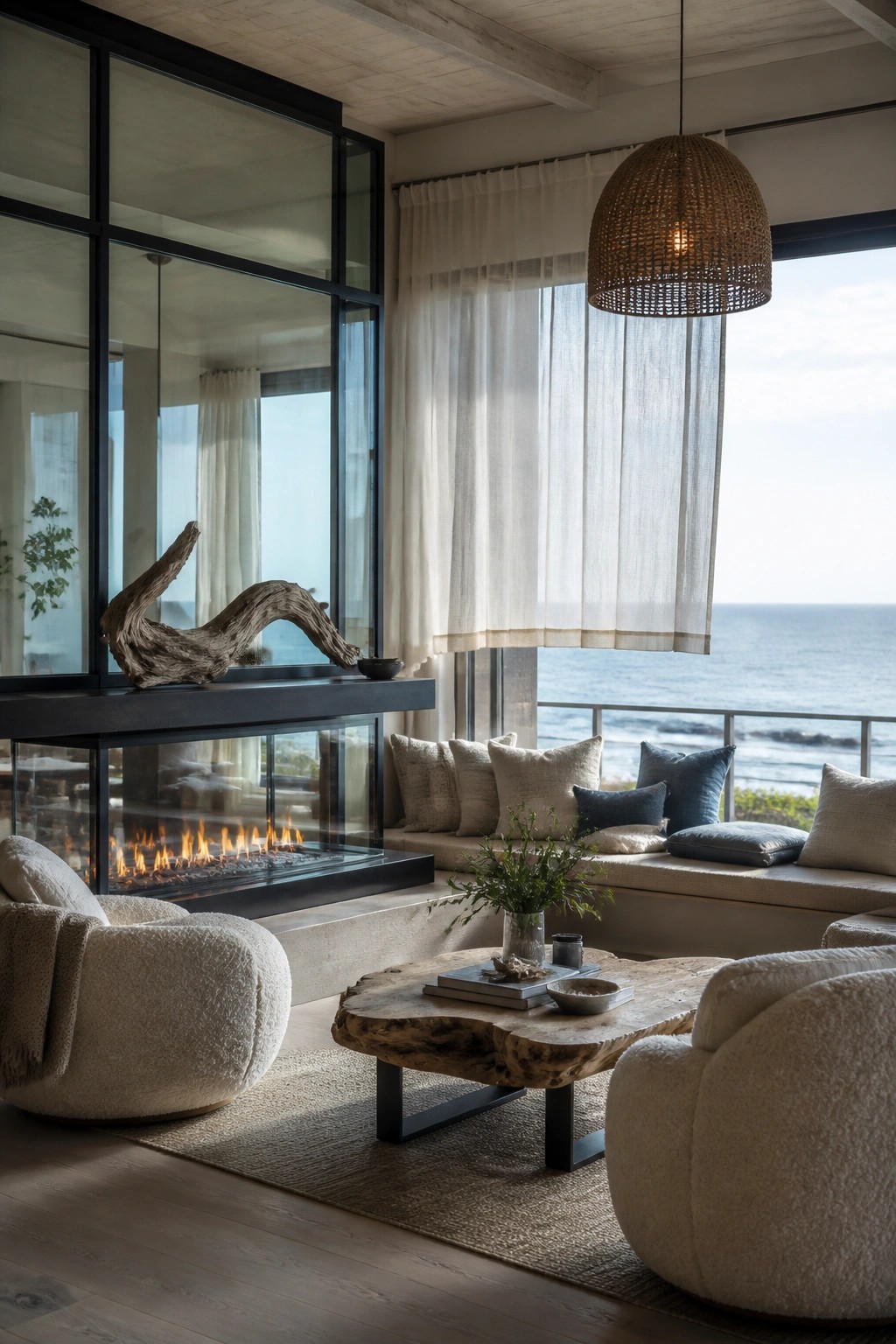 A living room featuring a modern glass fireplace, built-in window bench with pillows, two white boucle armchairs, and a live-edge wooden coffee table.