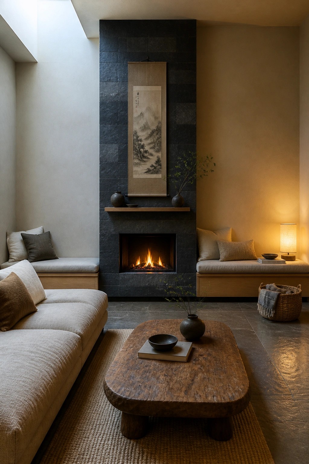 A living room with a dark stone fireplace flanked by light wood built-in benches with cushions, a low wooden coffee table in front, and a large scroll painting above the mantel.