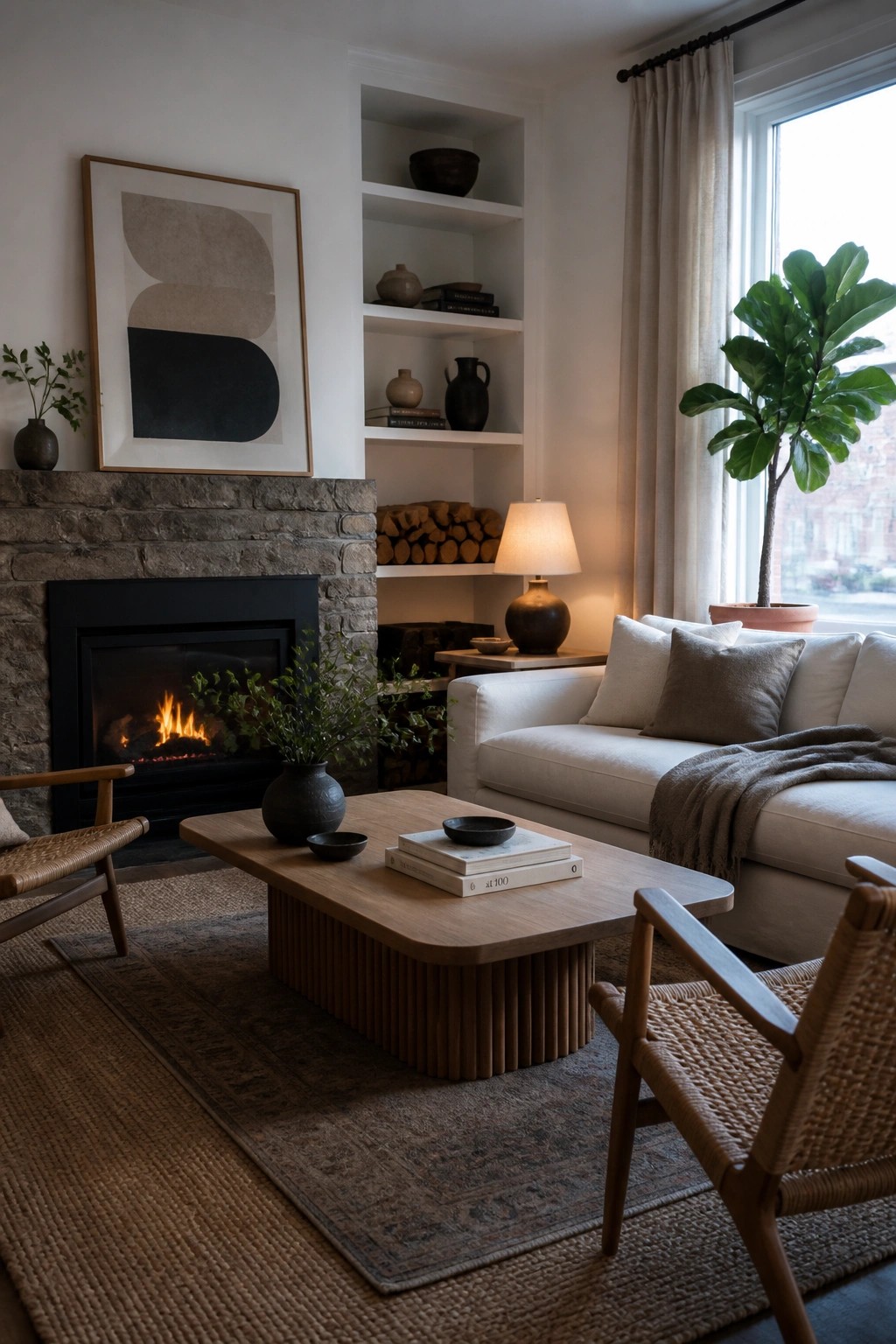 A living room with a stone fireplace, built-in white shelves holding pottery and books, a white sofa, wooden coffee table, and two woven chairs on a large rug.