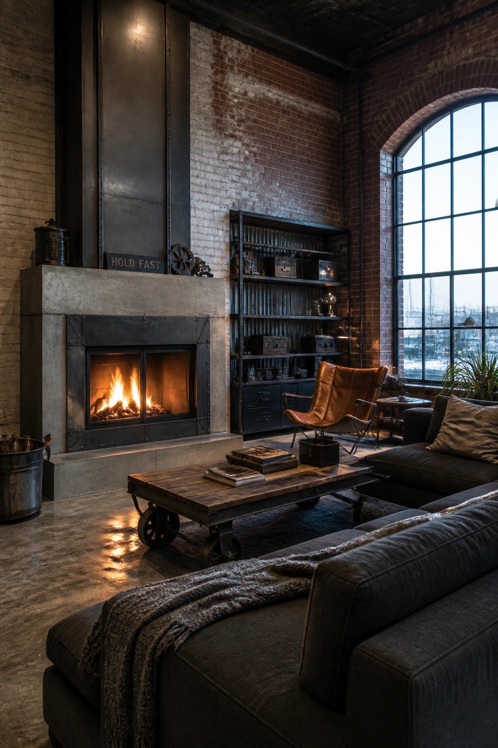 A living room with a large concrete fireplace containing a burning fire, dark sofas, brown leather chairs, a wooden coffee table on wheels, and a tall arched window on a brick wall.