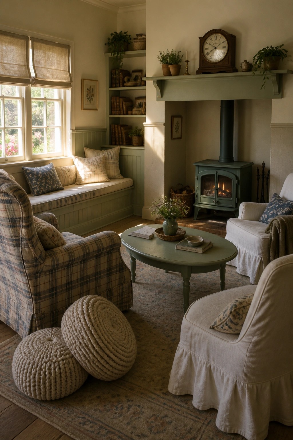 A cozy living room featuring a green wood stove fireplace surrounded by a plaid armchair, white armchairs, knitted poufs, and a round coffee table.
