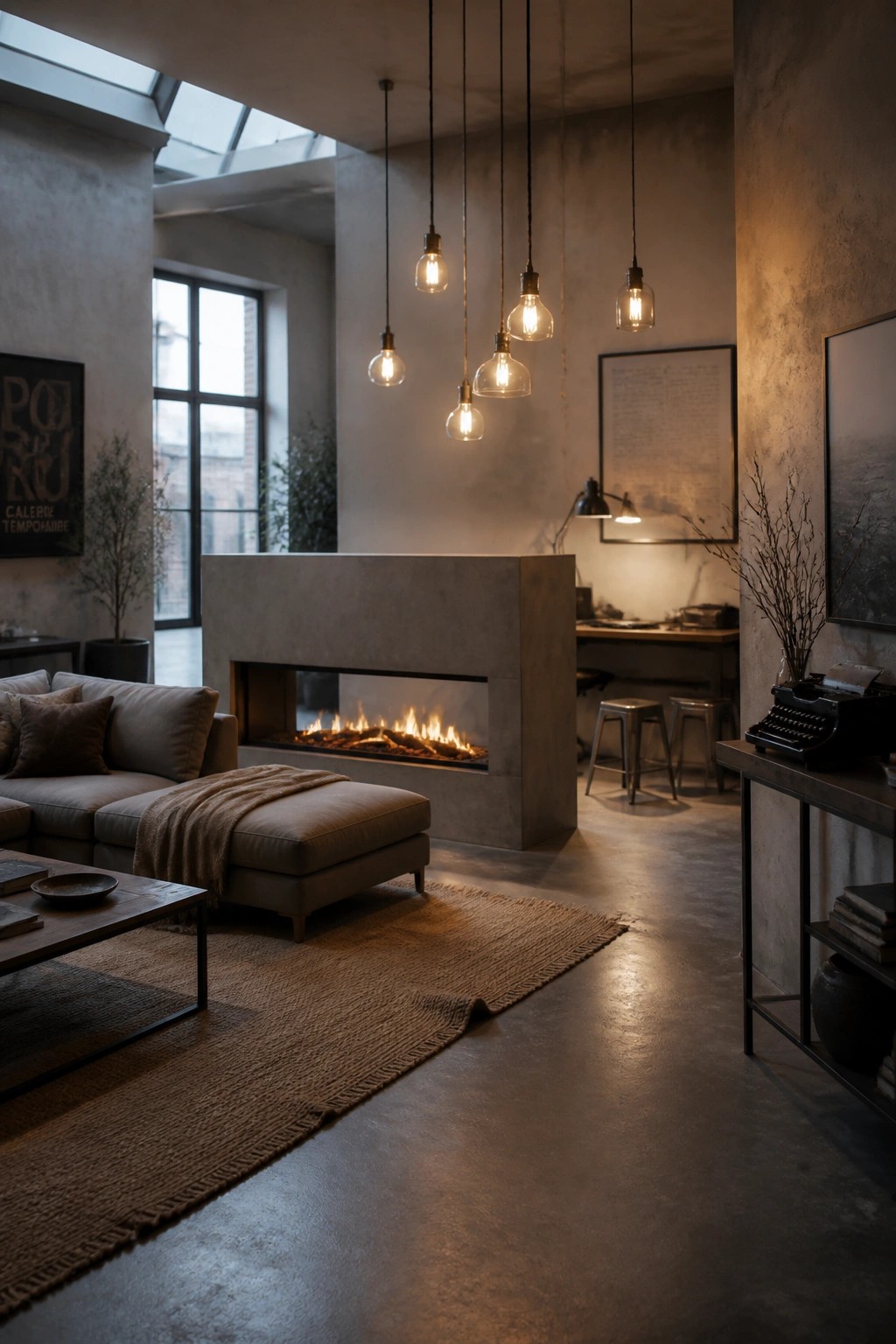 A living room featuring a concrete fireplace with a beige sectional sofa and ottoman arranged on a jute rug facing the fire, under several hanging pendant lights.