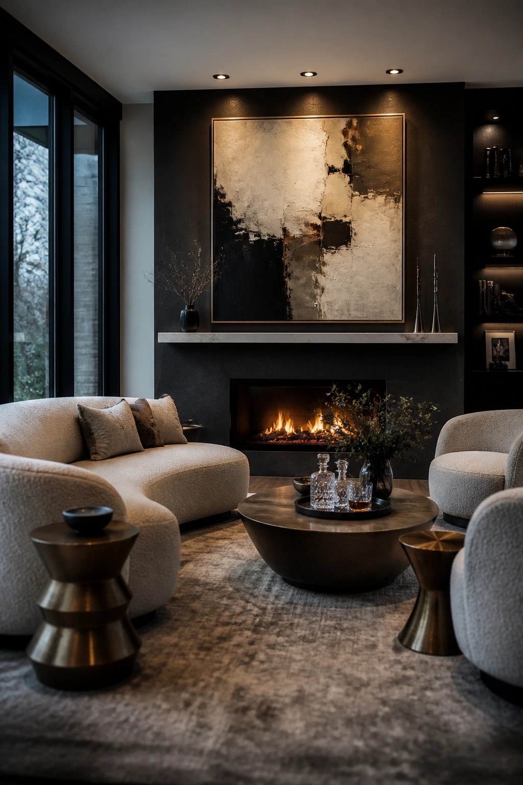 A living room with a dark accent wall, fireplace, abstract painting above the mantel, curved beige sofa, round armchairs, and round coffee table arranged on a textured rug.